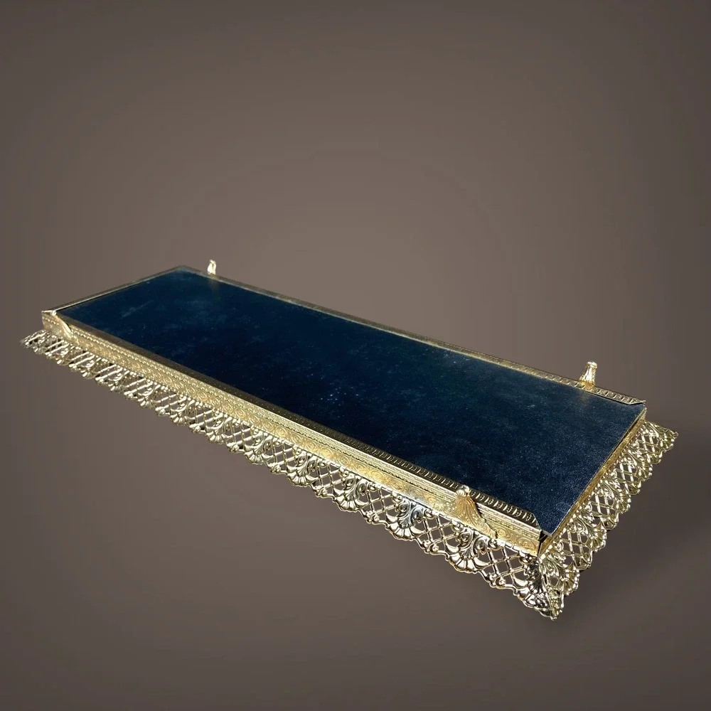 Gold Filigree Mirrored Vanity Tray Footed Hollywood Regency 1960s